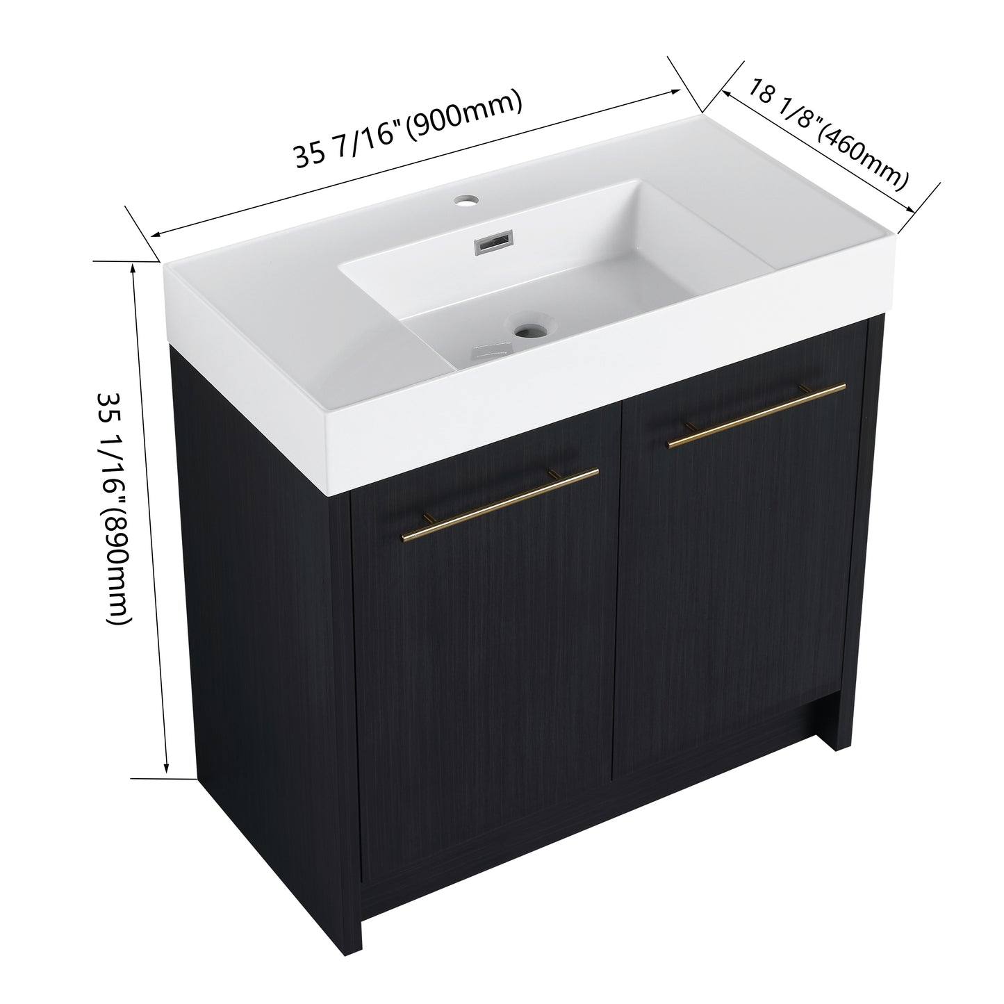 Modern black vanity with white integrated sink gold handles and dimension labels mm width