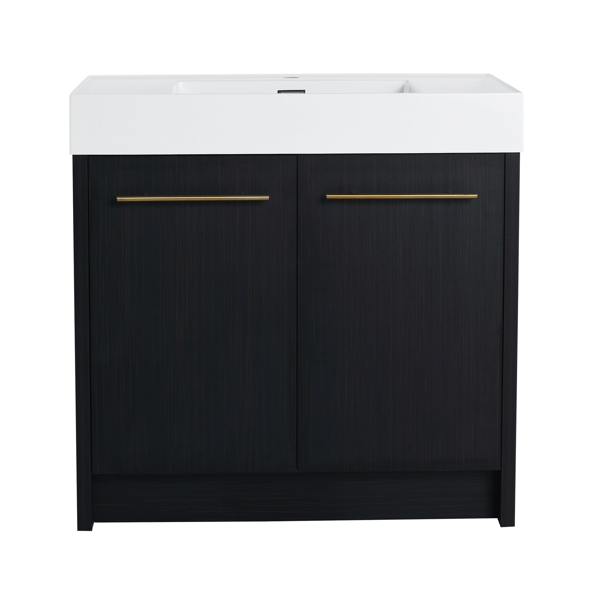 Dark oak bathroom vanity with white double sink and gold hardware