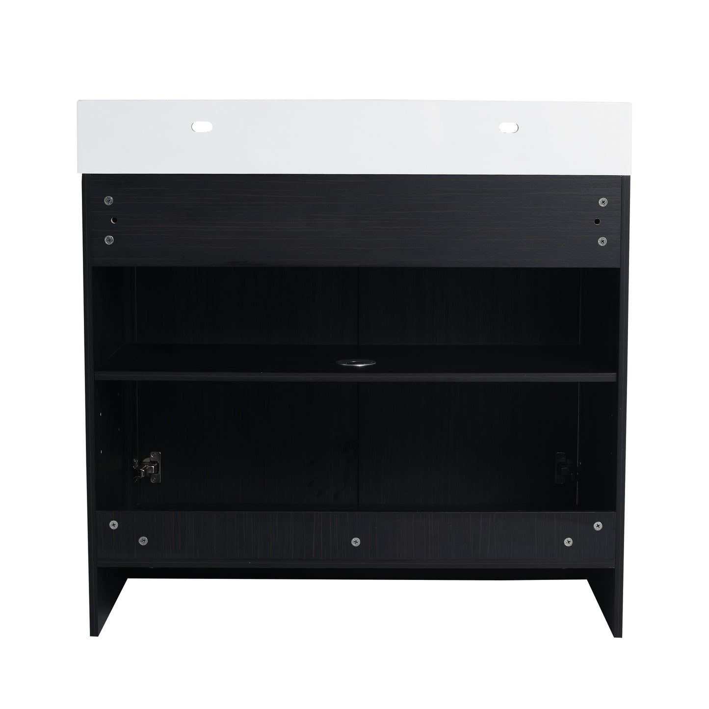 Modern black and white media console with open shelves and cabinet doors