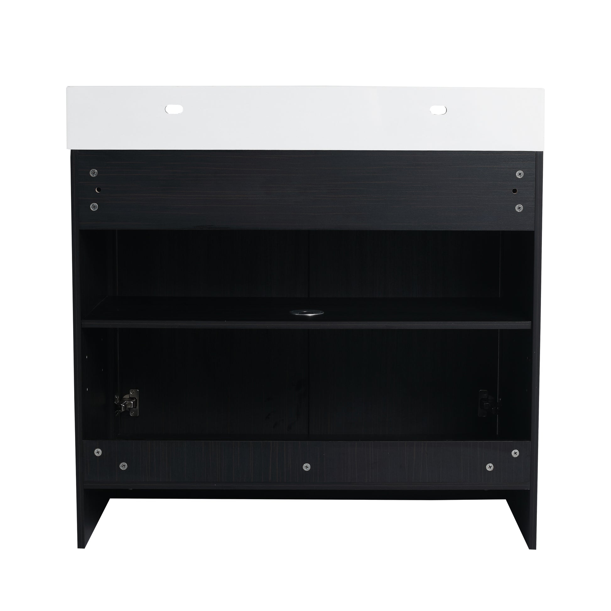 Modern black and white media console with open shelves and cabinet doors