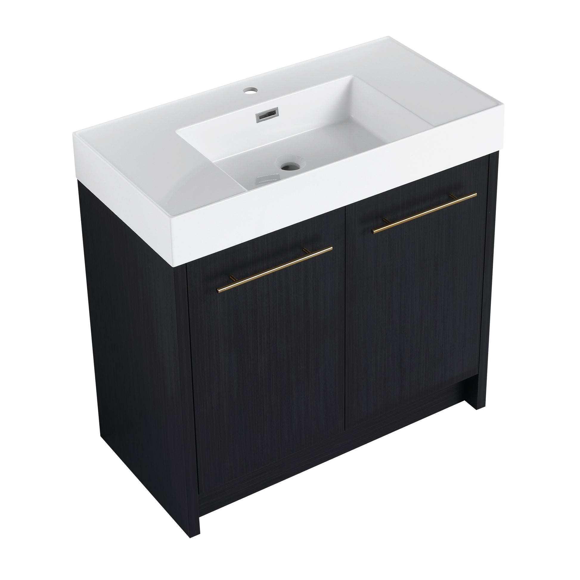 Modern black vanity with white ceramic sink and gold hardware