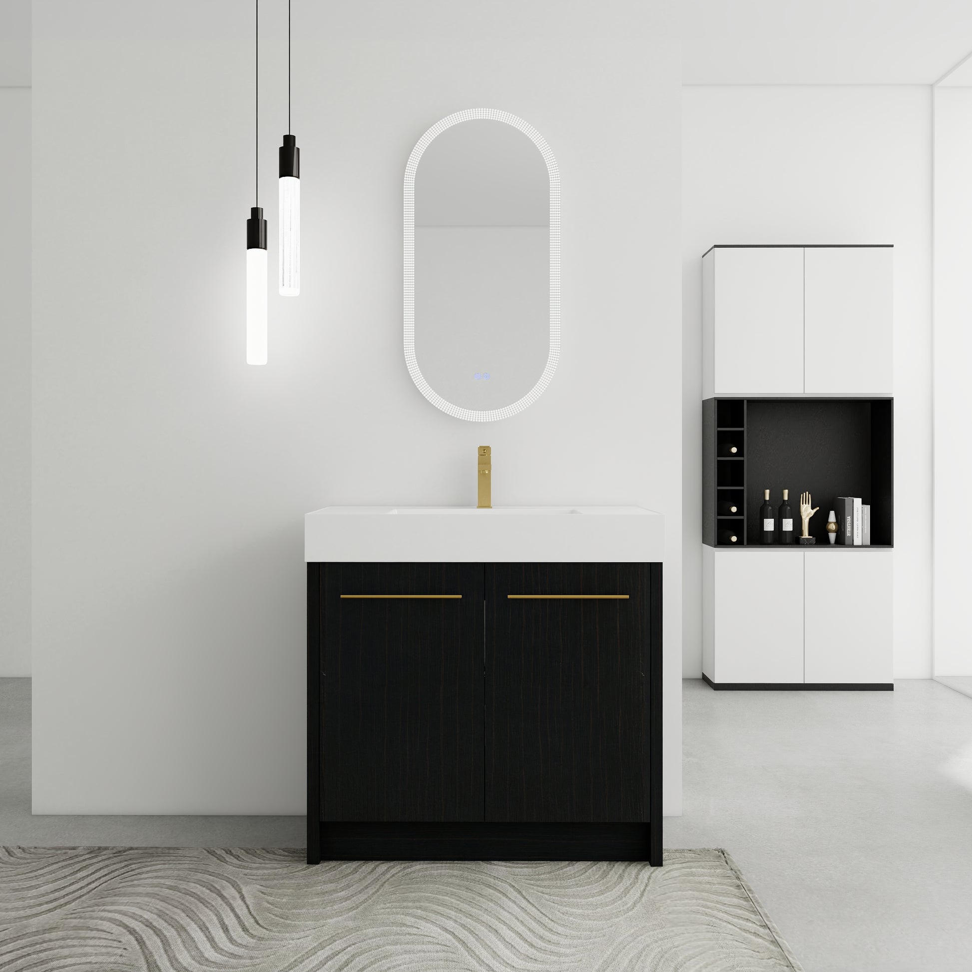 Modern dark wood bathroom vanity with white countertop and gold hardware