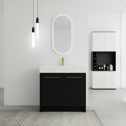 Modern dark wood bathroom vanity with white countertop and gold hardware