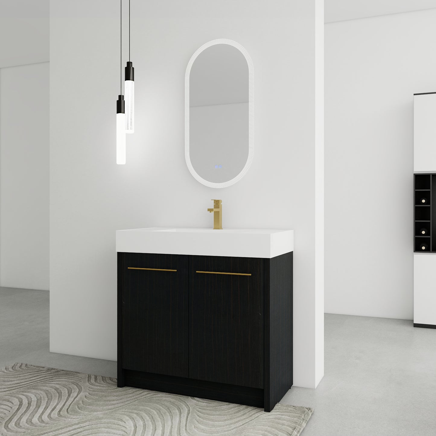 Modern black wood vanity with gold pulls and white quartz top