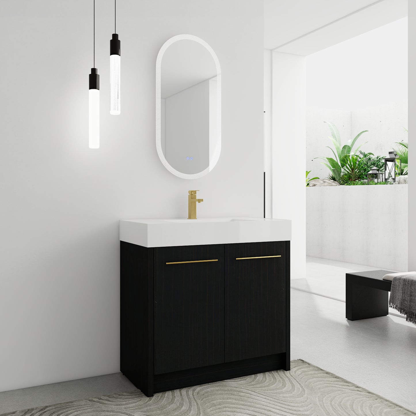 Modern black wood vanity with gold handles and white integrated sink