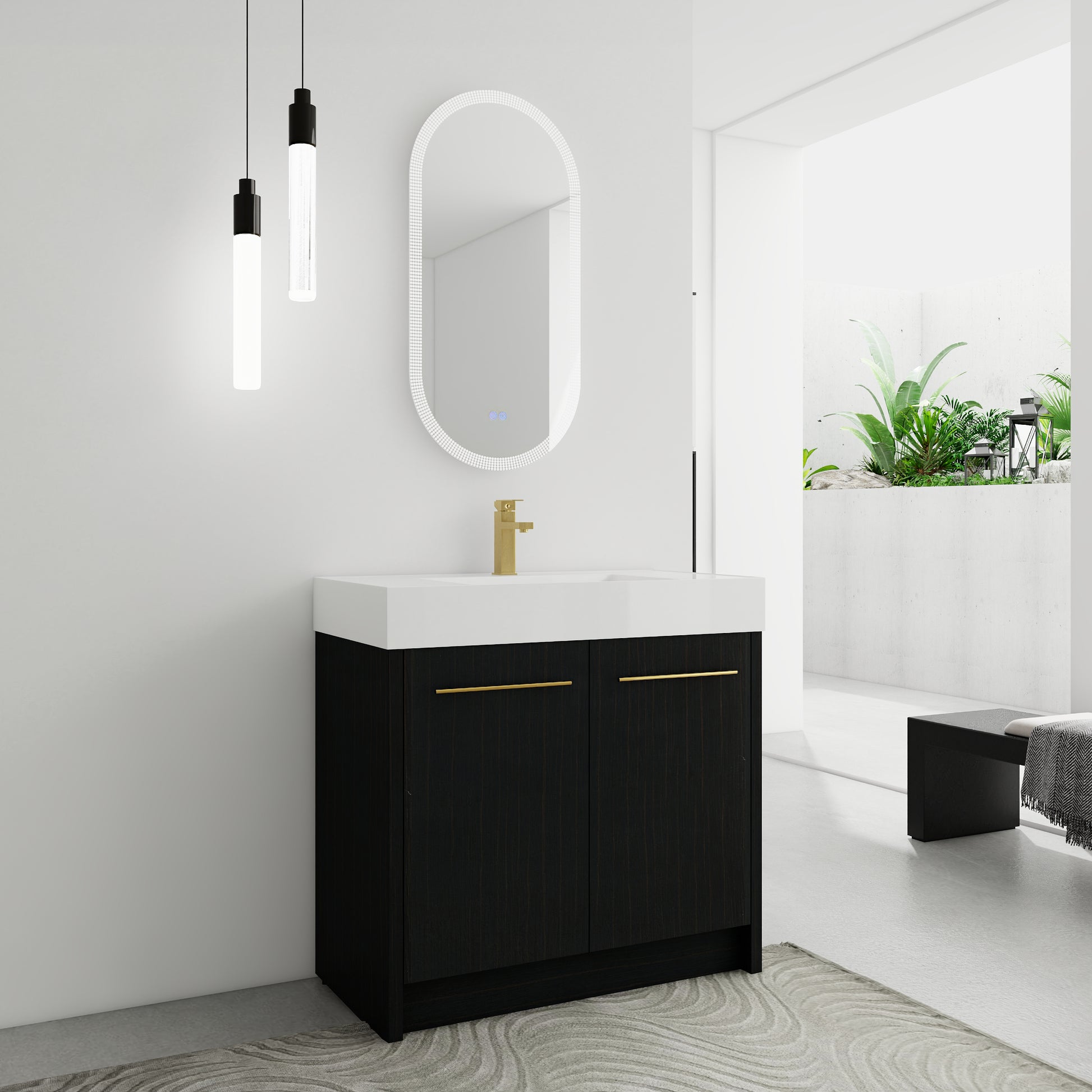 Modern black wood vanity with gold handles and white integrated sink