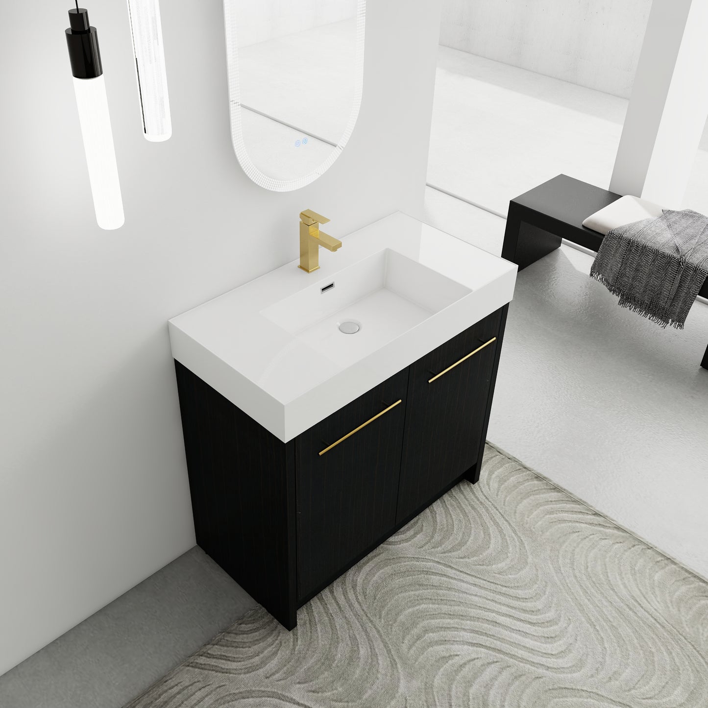 Modern black bathroom vanity with white quartz top and gold faucet