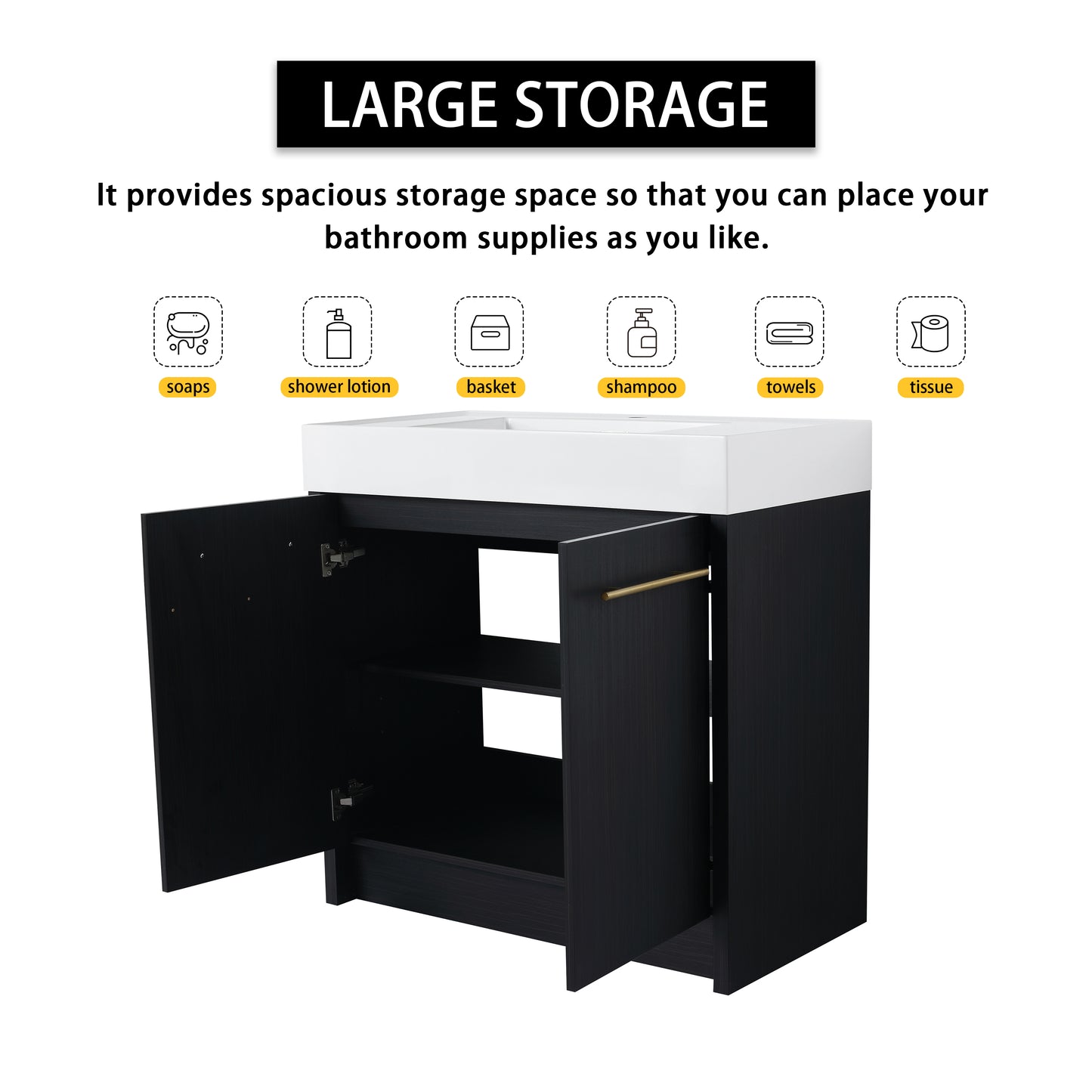 Modern black bathroom vanity with large storage white countertop and gold pull