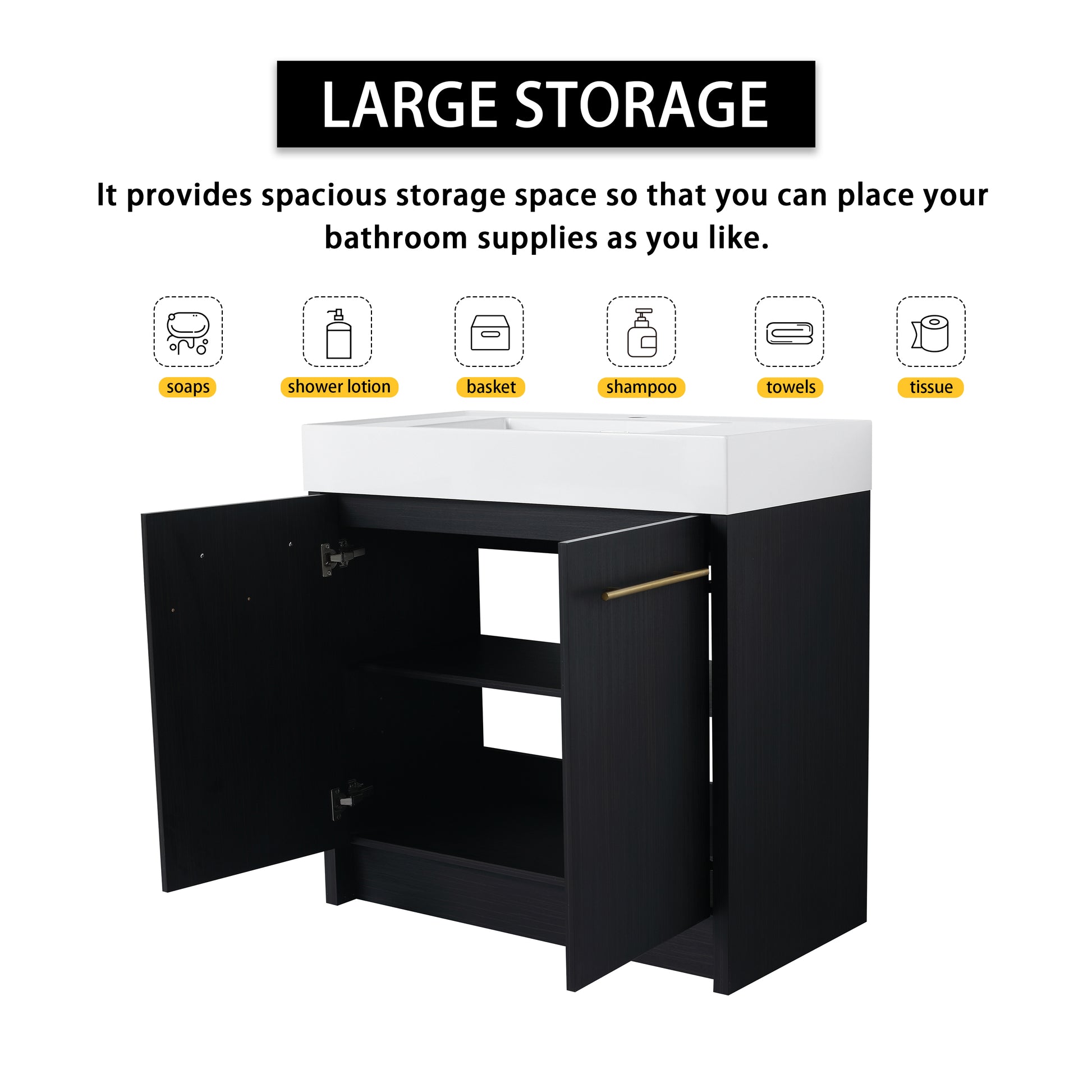 Modern black bathroom vanity with large storage white countertop and gold pull