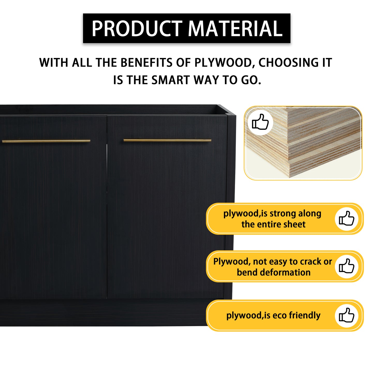 Dark wood cabinet with brushed gold pulls showcasing durable plywood construction