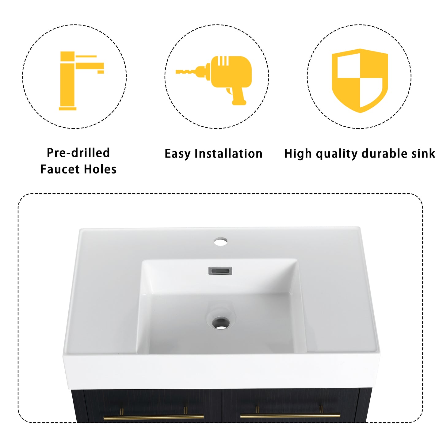White ceramic vanity top with predrilled faucet holes and integrated sink basin