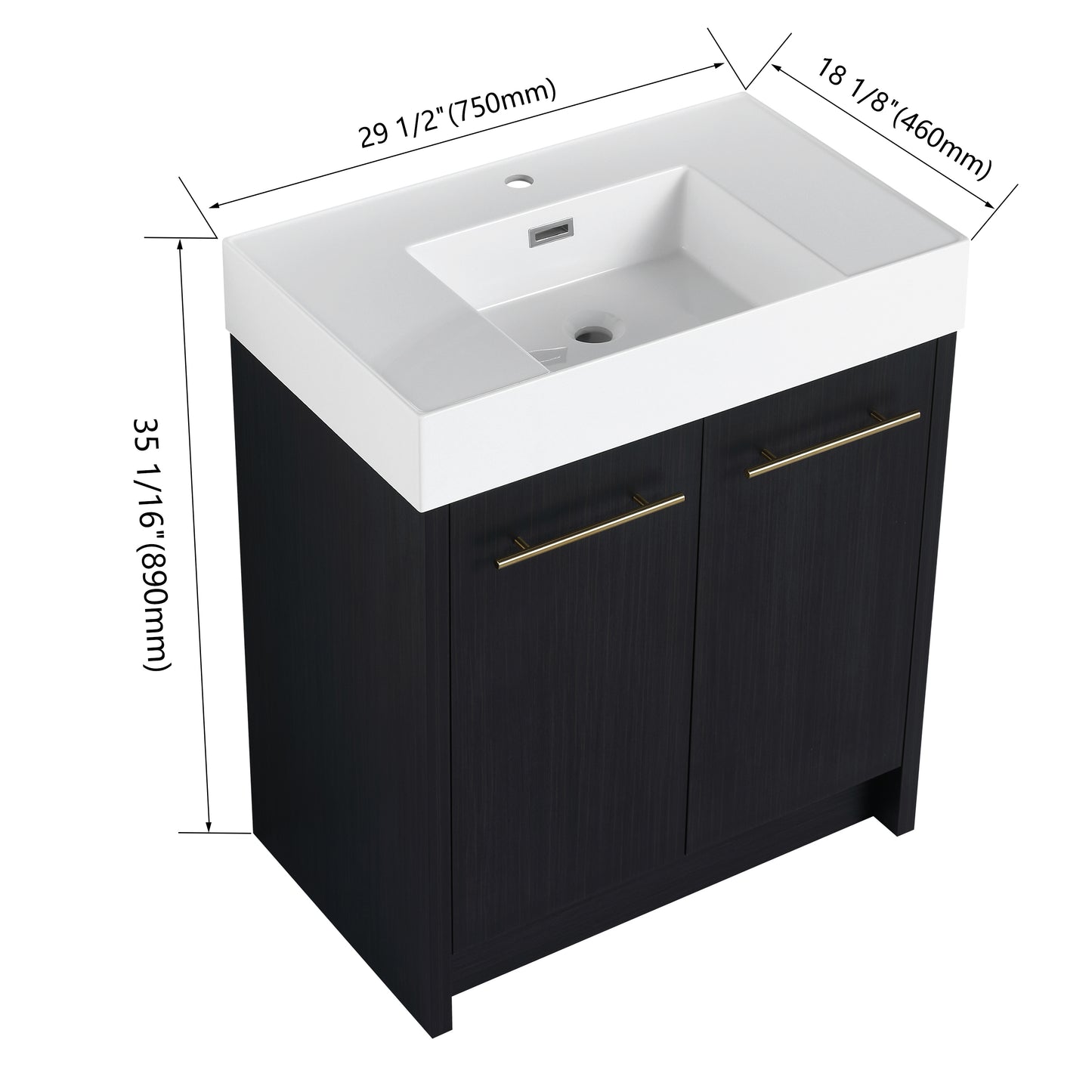 Modern dark wood door vanity with white integrated sink and gold hardware