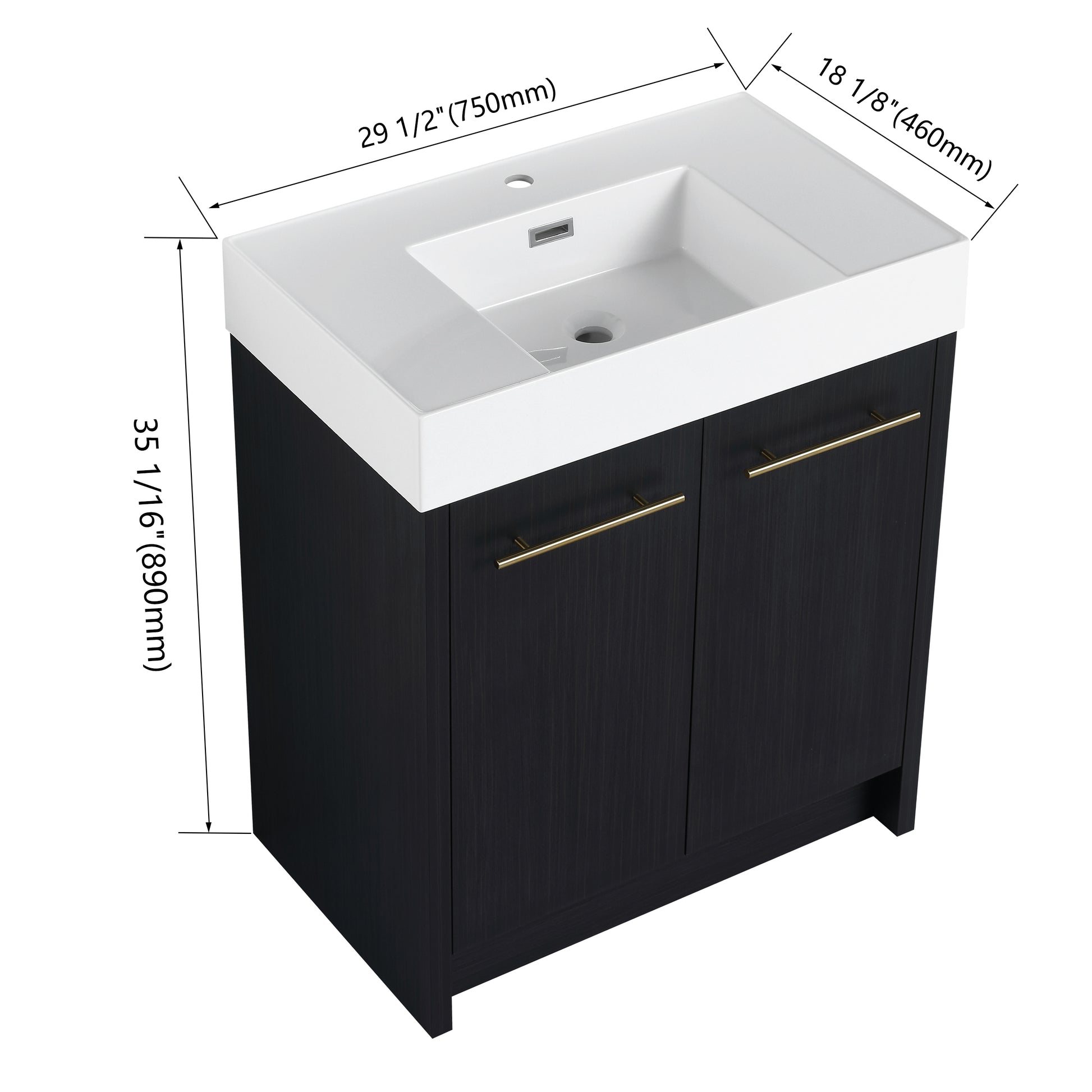 Modern dark wood door vanity with white integrated sink and gold hardware