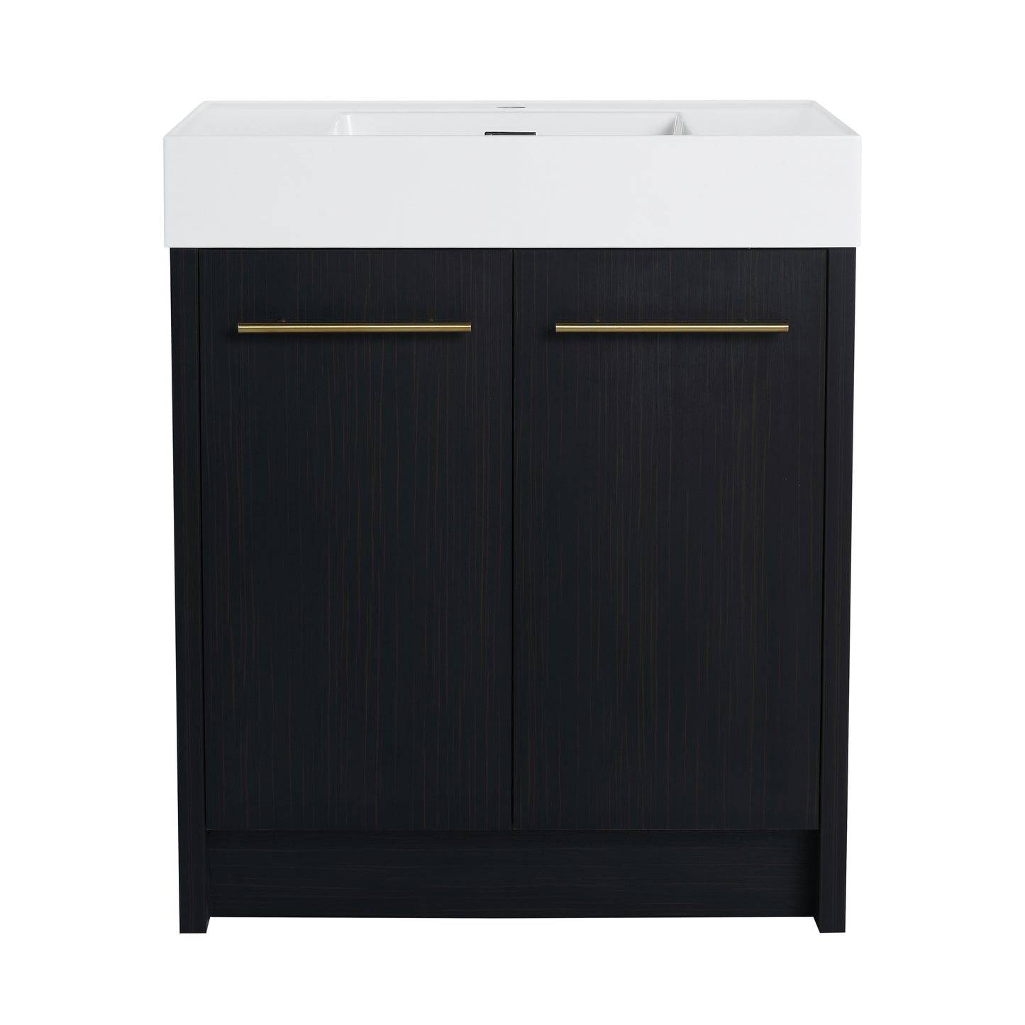 Dark wood bathroom vanity with white integrated sink and gold bar pulls