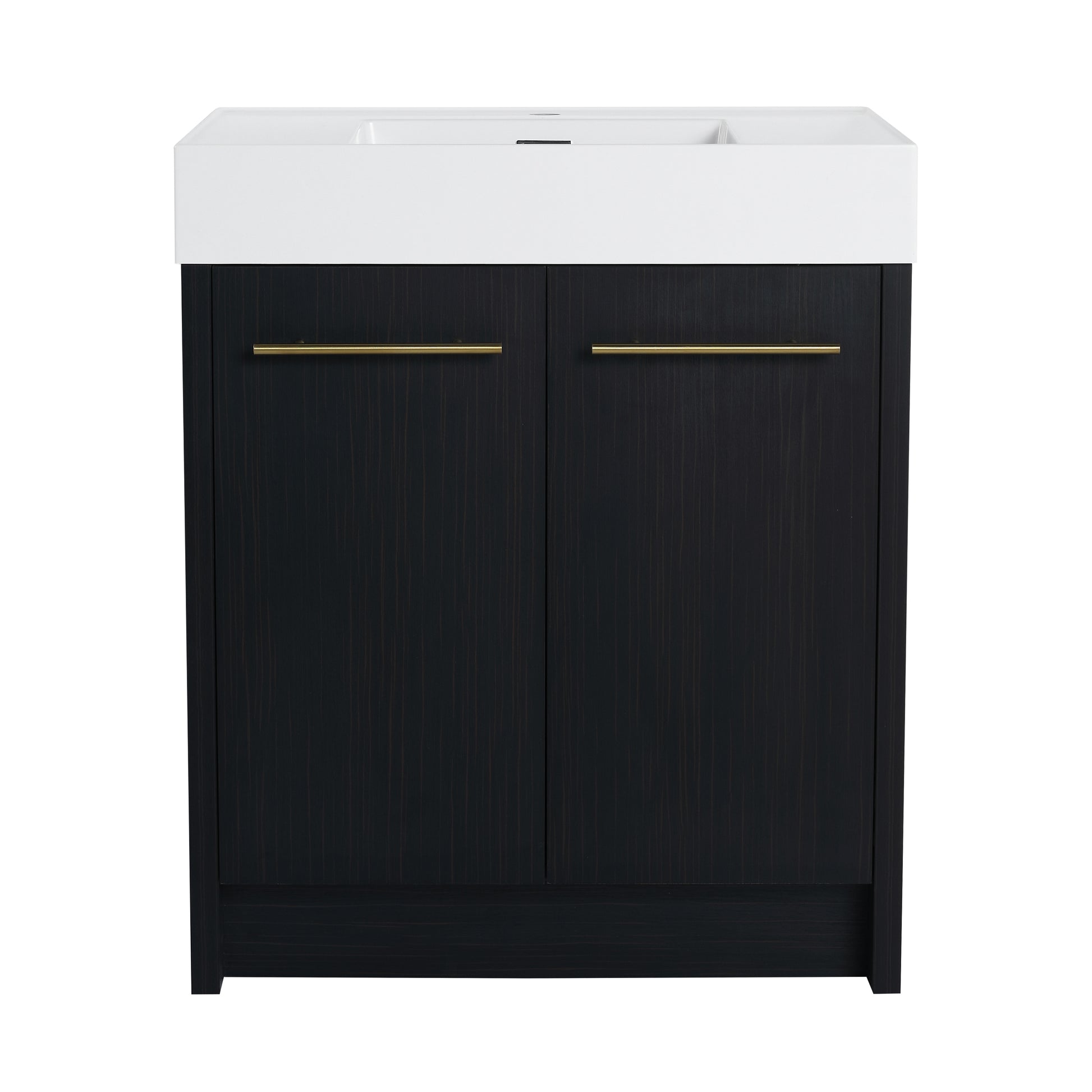 Dark wood bathroom vanity with white integrated sink and gold bar pulls