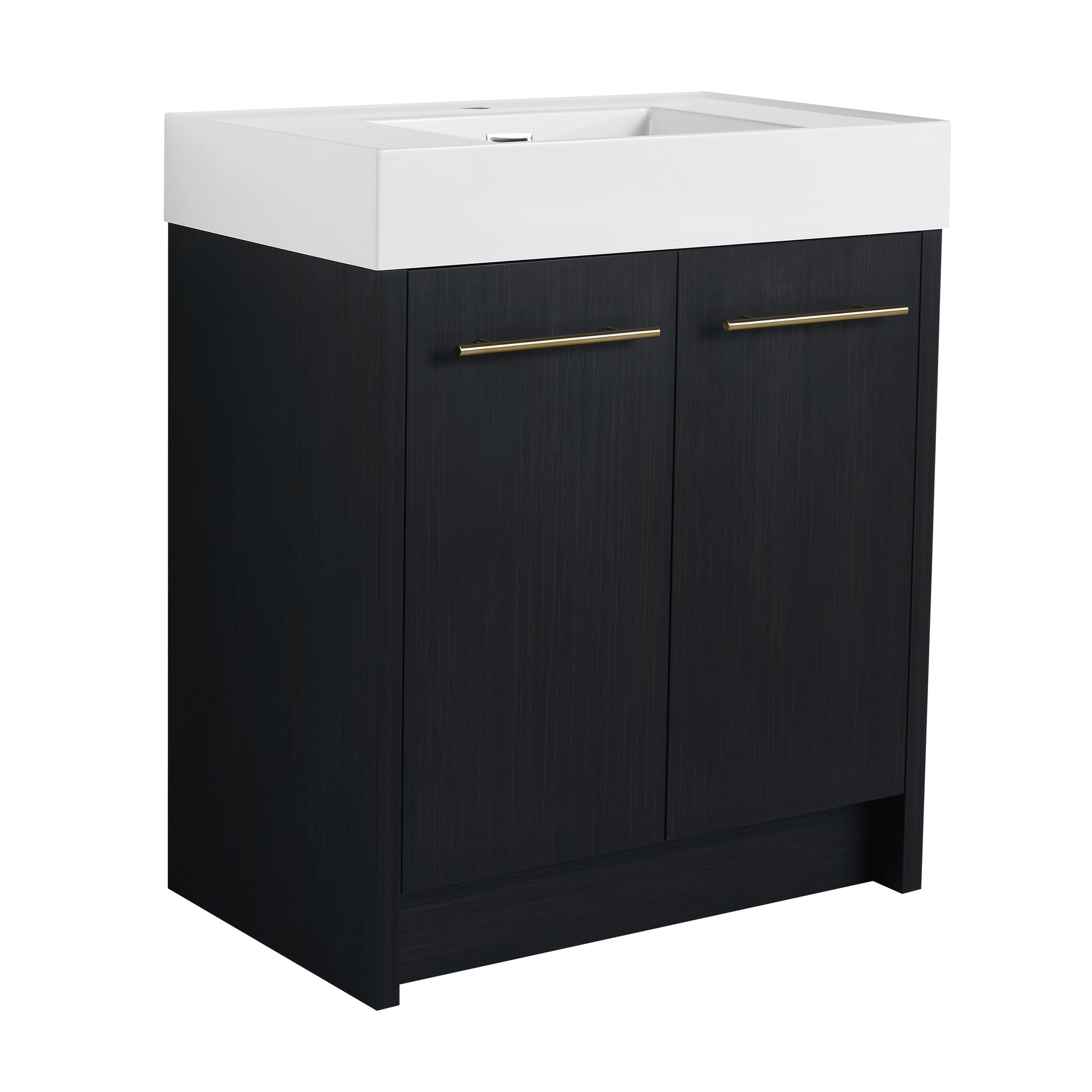 Modern dark wood bathroom vanity with integrated white sink and gold handles