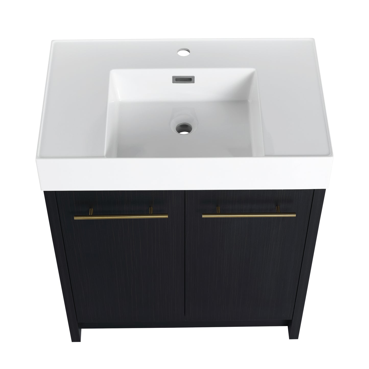 Modern vanity with white ceramic sink and dark wood cabinet featuring brass handles for bathroom