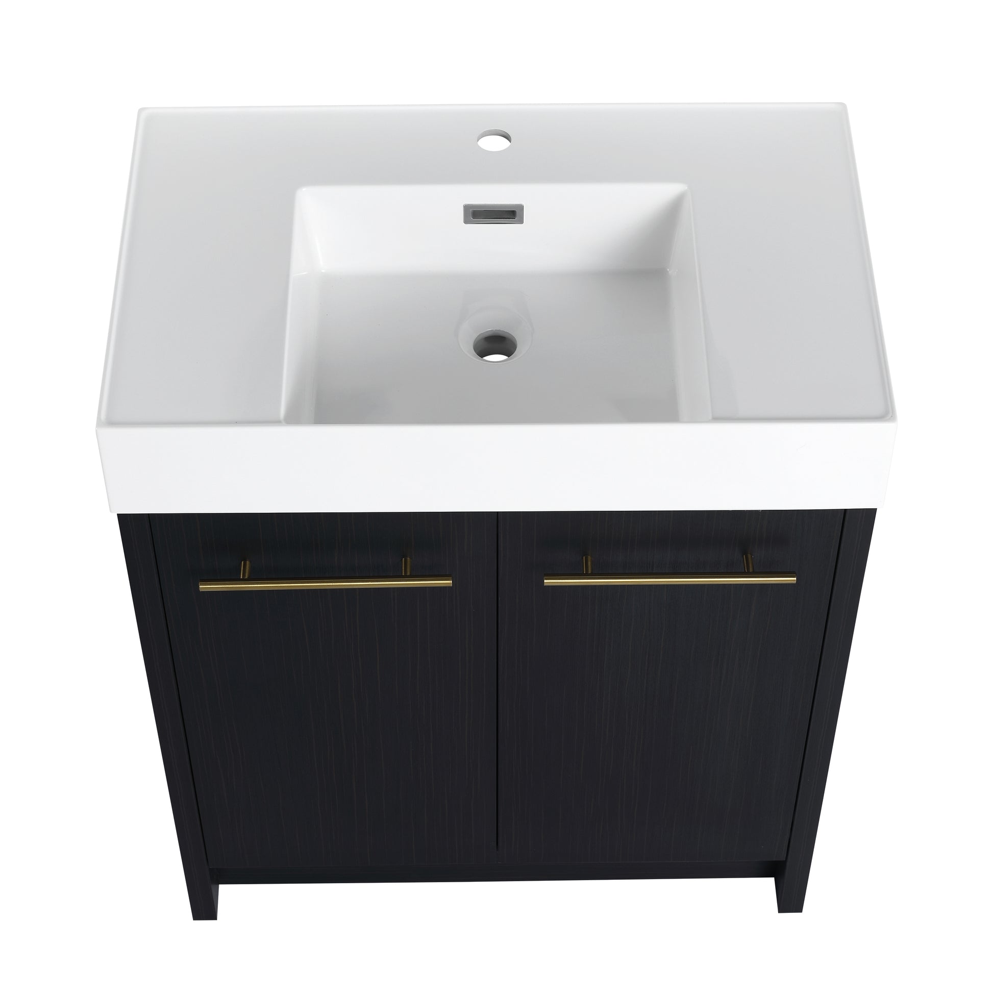 Modern vanity with white ceramic sink and dark wood cabinet featuring brass handles for bathroom
