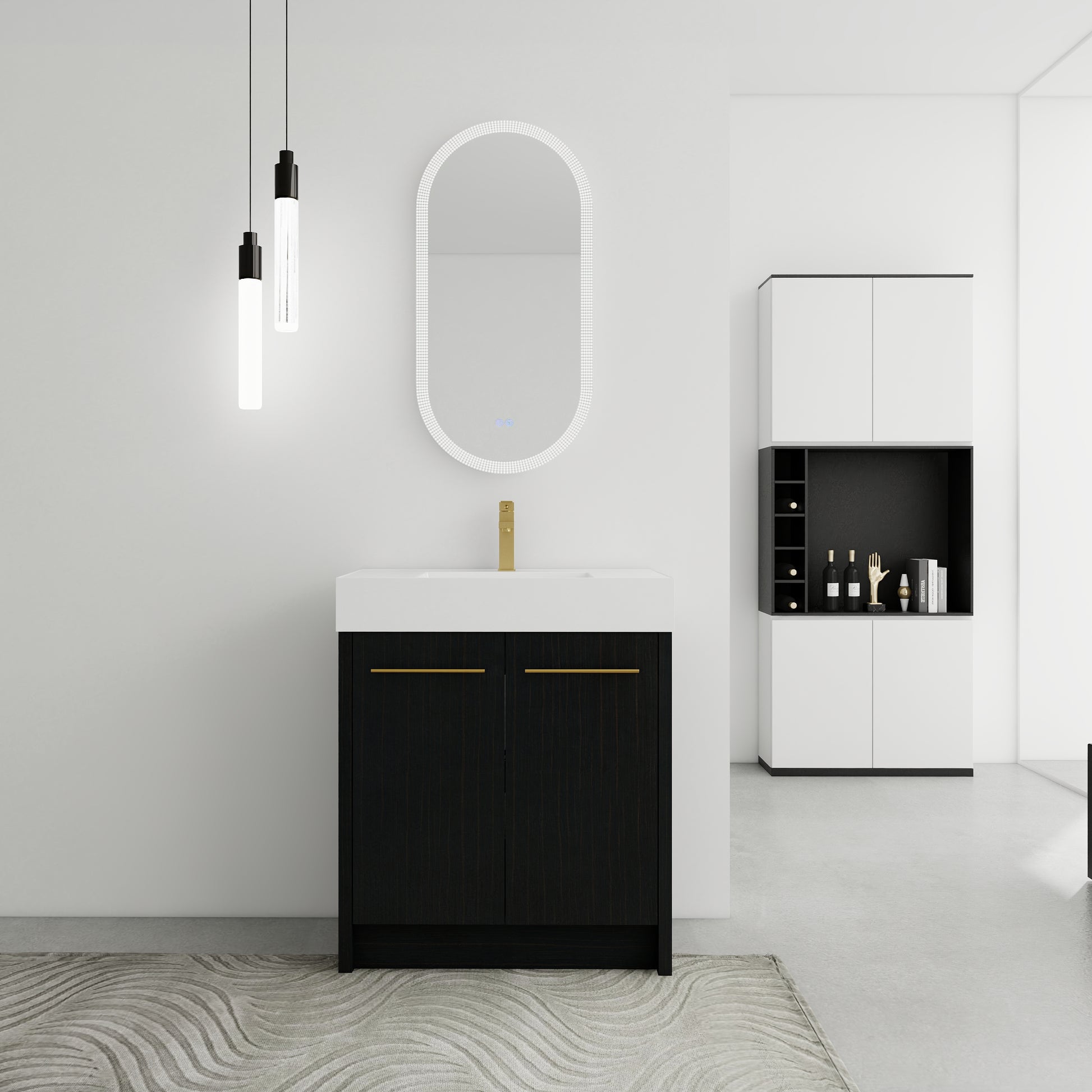 Dark wood bathroom vanity with white countertop and brass hardware