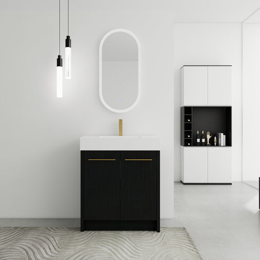 Dark wood bathroom vanity with white countertop and brass hardware