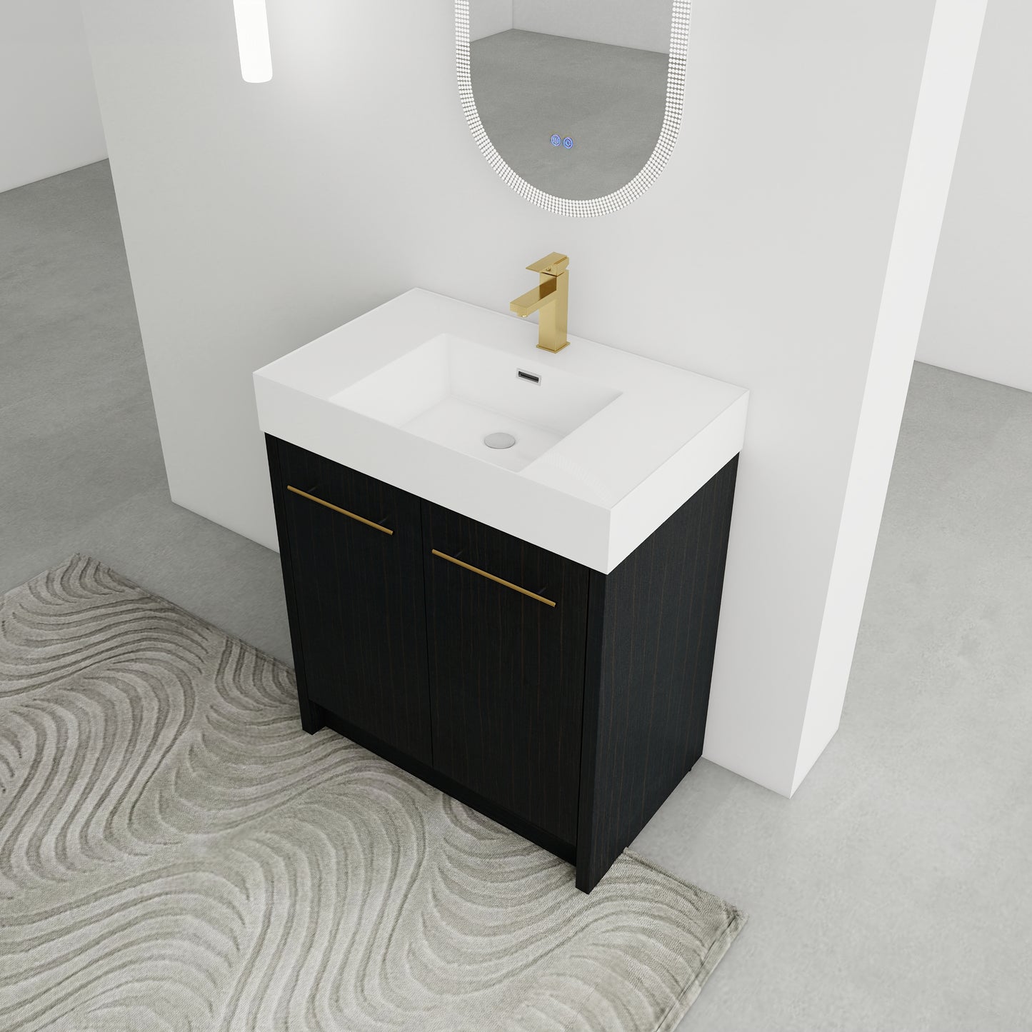 Modern dark wood vanity with white top gold faucet and integrated sink for a stylish bathroom