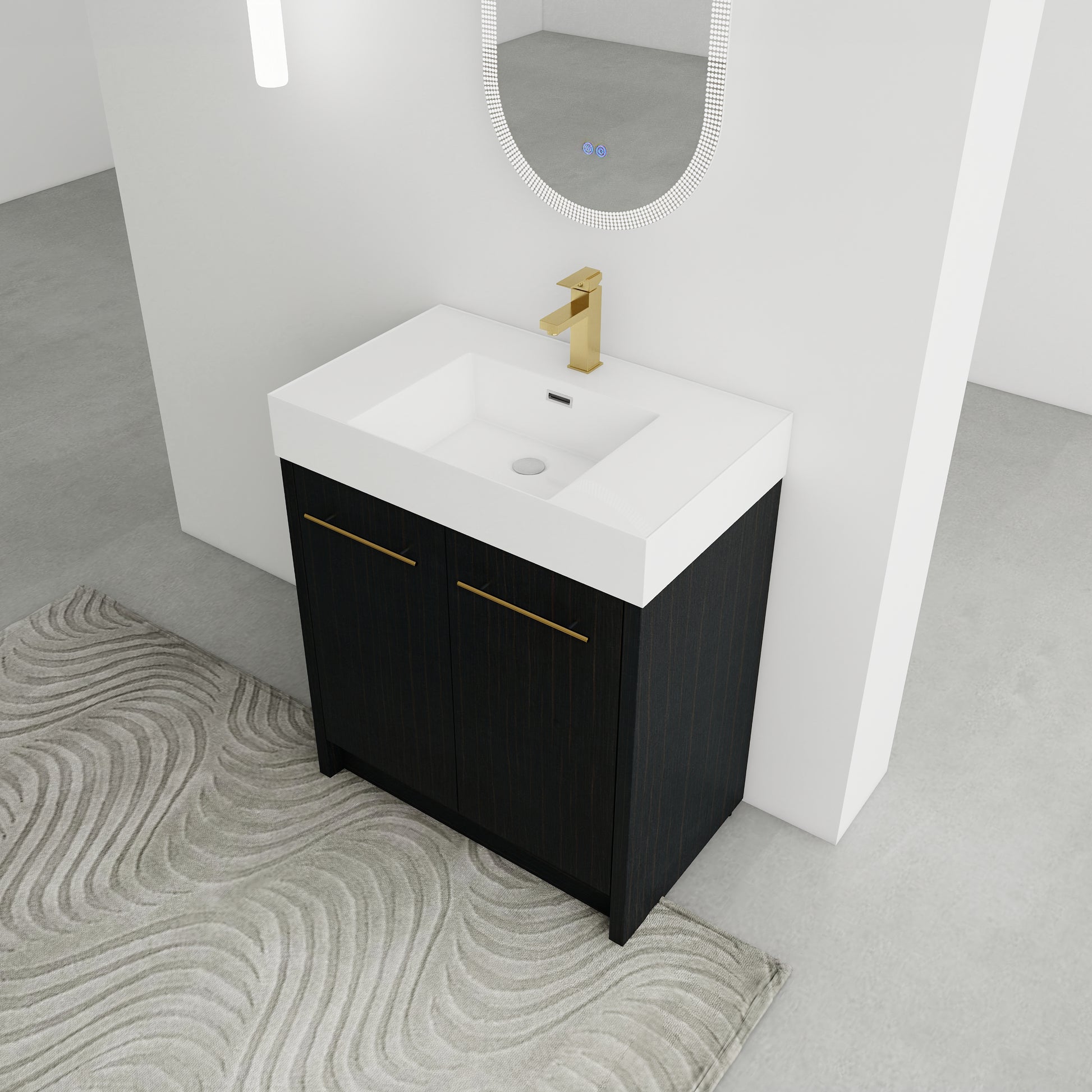 Modern dark wood vanity with white top gold faucet and integrated sink for a stylish bathroom