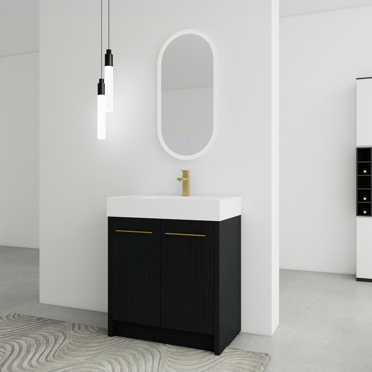 Modern black vanity with gold pulls and white countertop