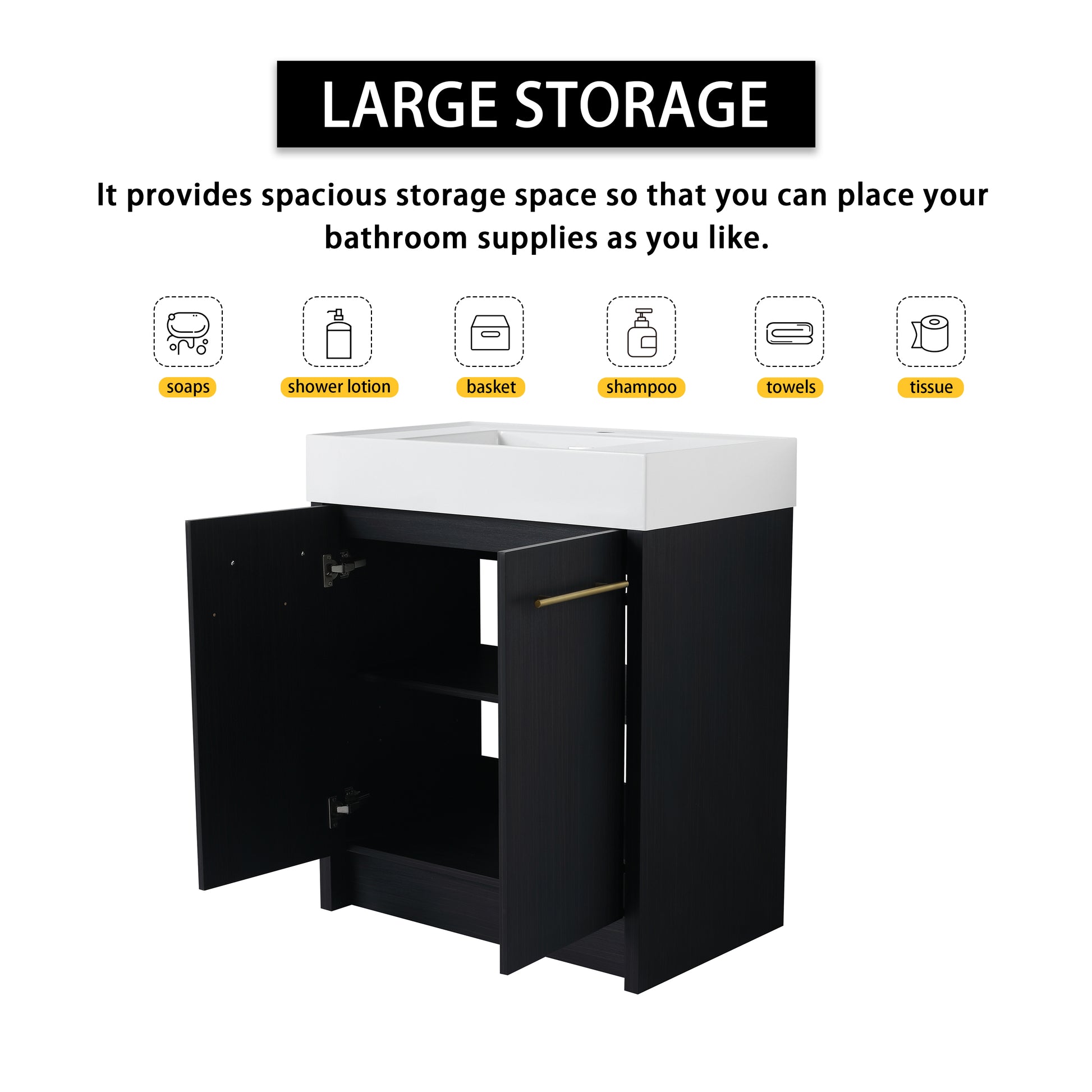 Black vanity with white basin and open storage doors showcasing ample bathroom storage space