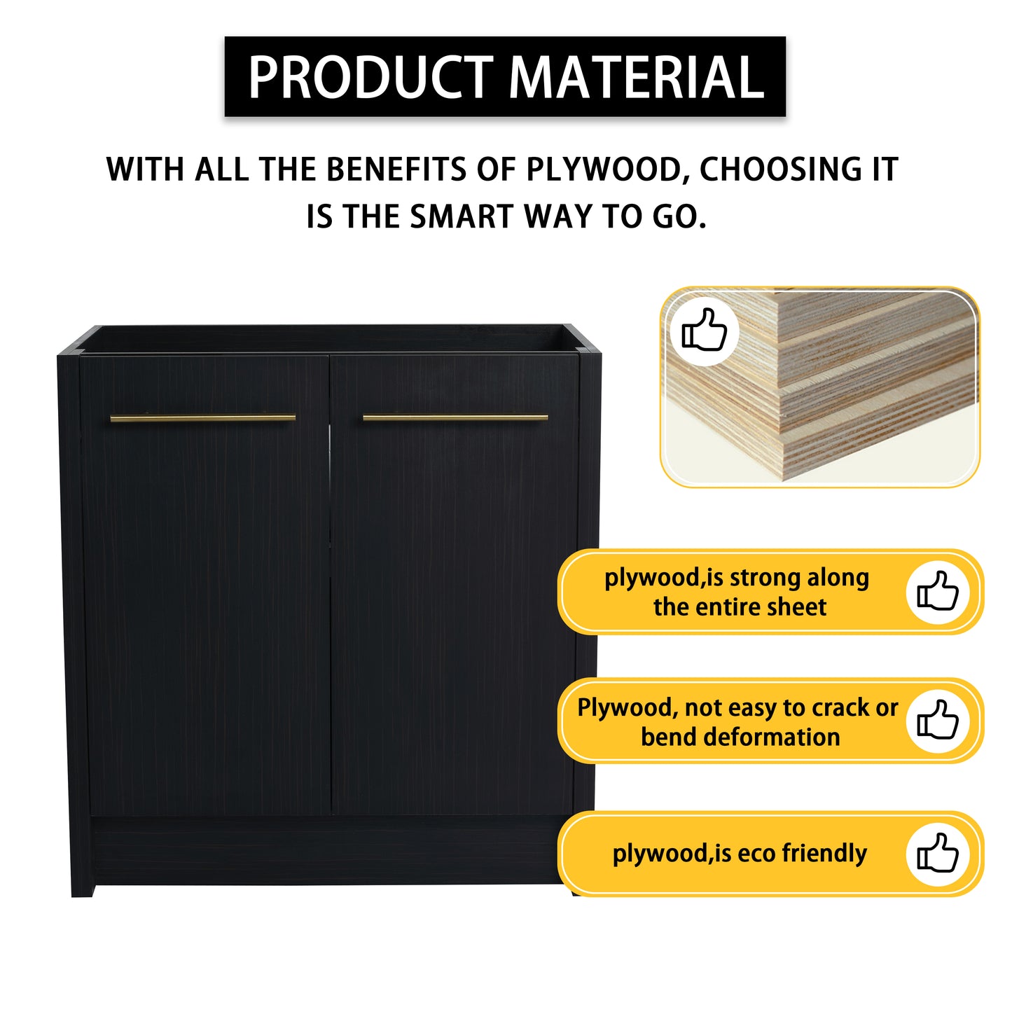 Dark wood cabinet with gold handles constructed with strong plywood material