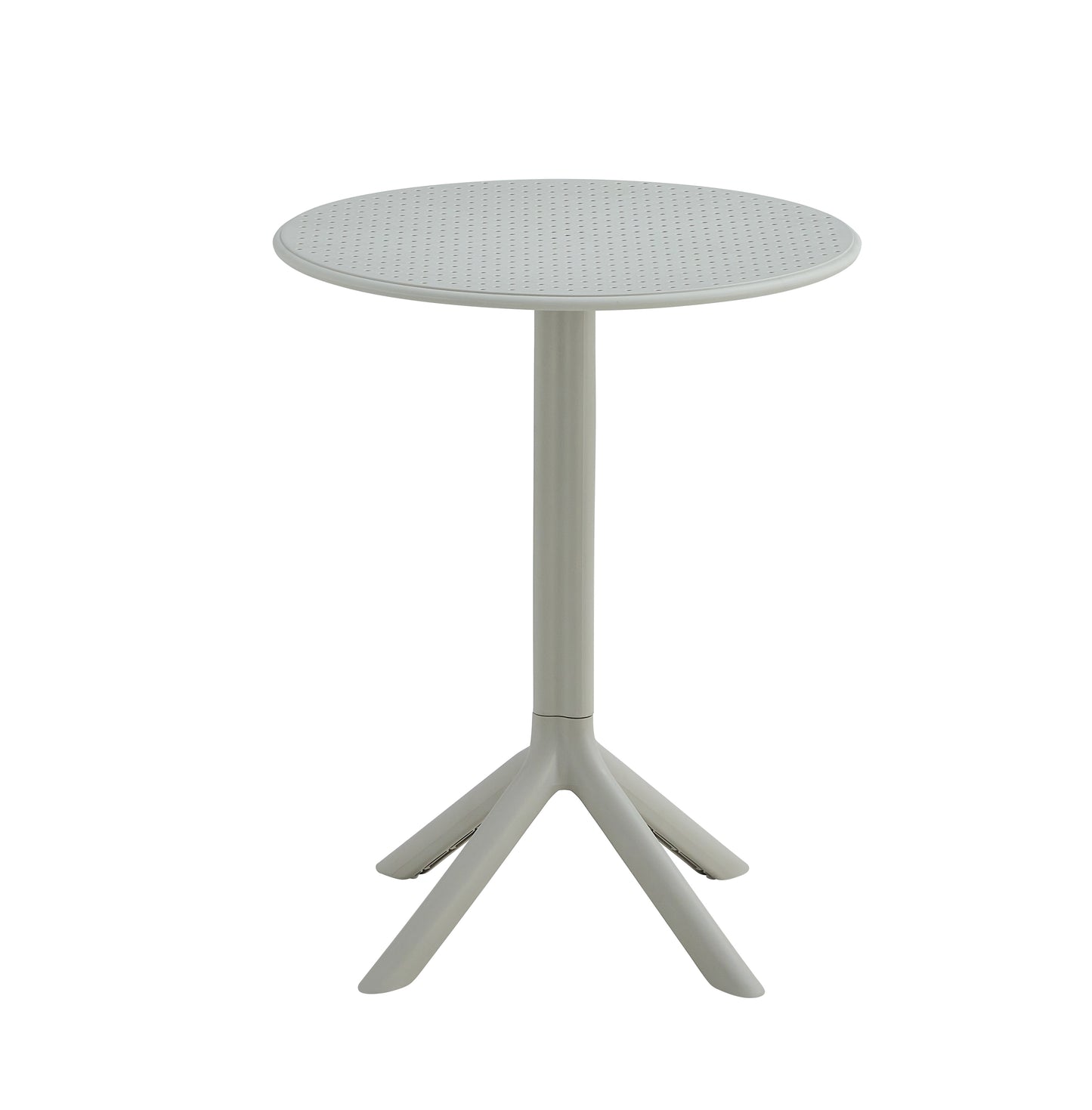 Light gray perforated round bistro table with a central stem and tripod base