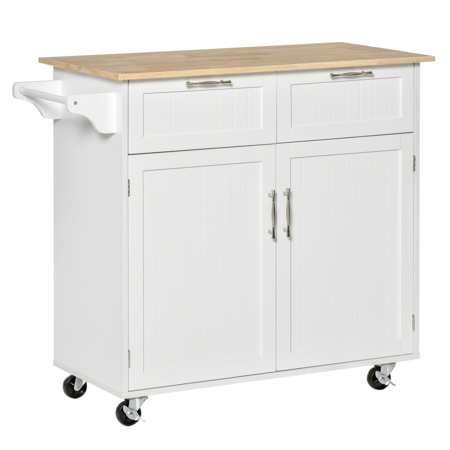 White kitchen island cart with natural wood top and silver handles