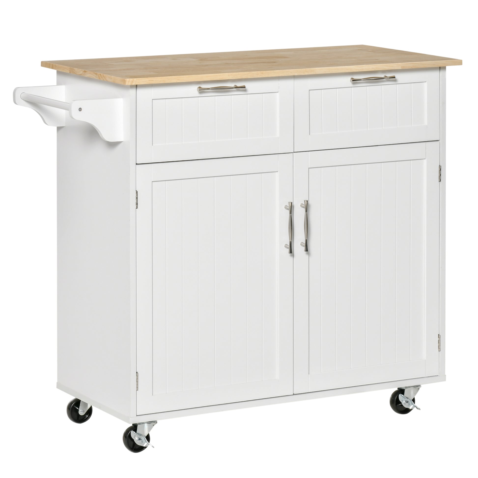 White kitchen island cart with natural wood top and silver handles