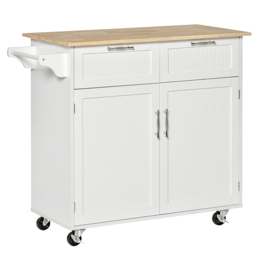 White kitchen island cart with natural wood top and silver handles