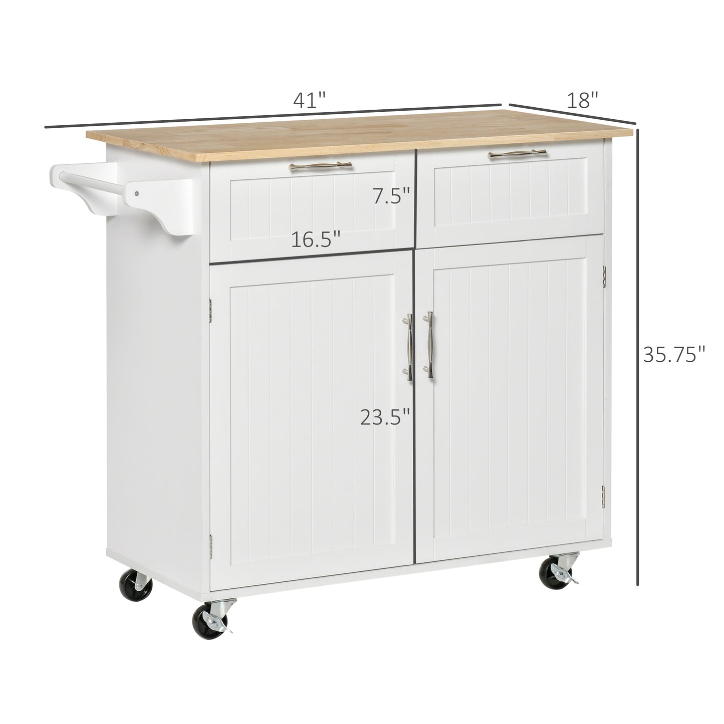 White kitchen island on wheels with wood top and towel rack