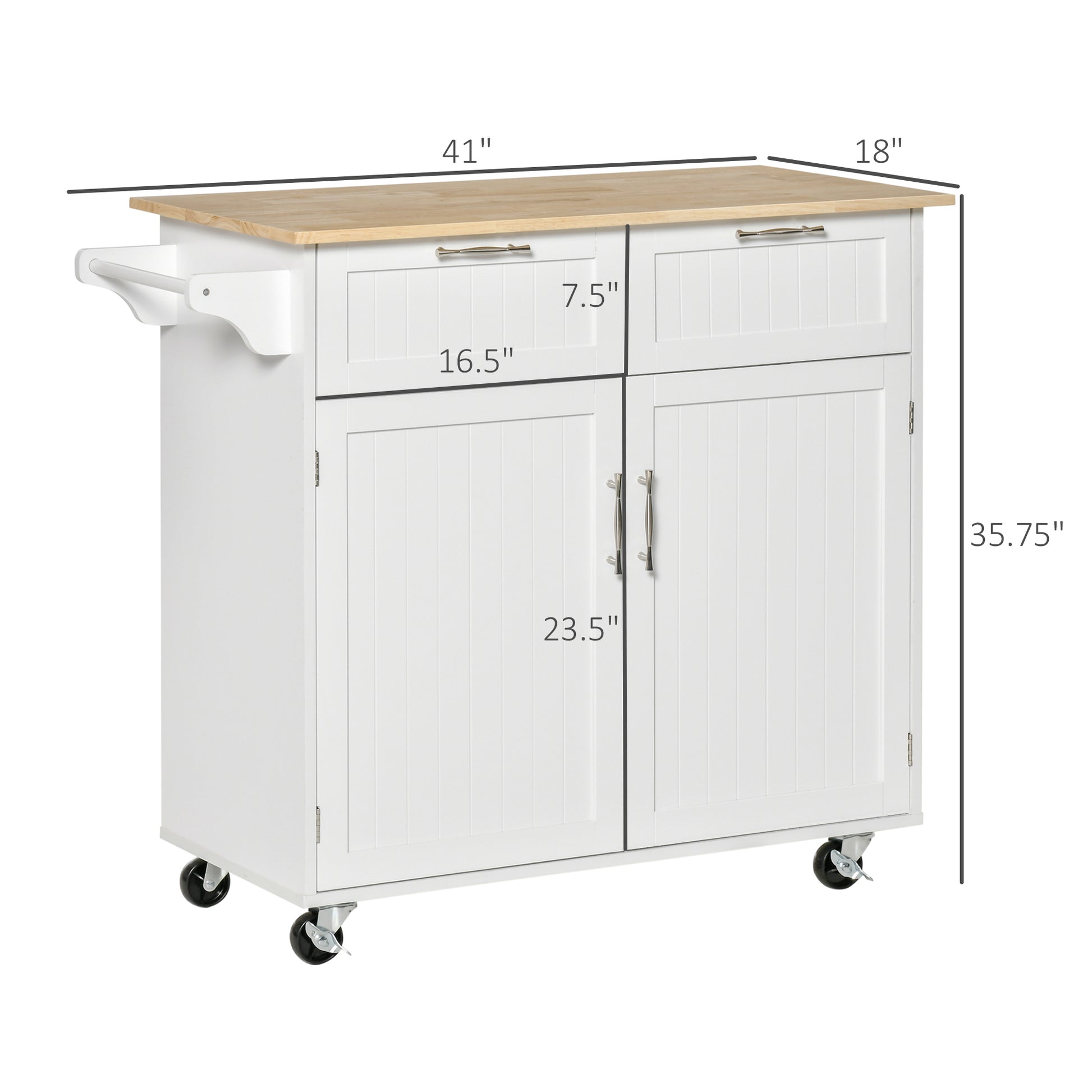 White kitchen island on wheels with wood top and towel rack