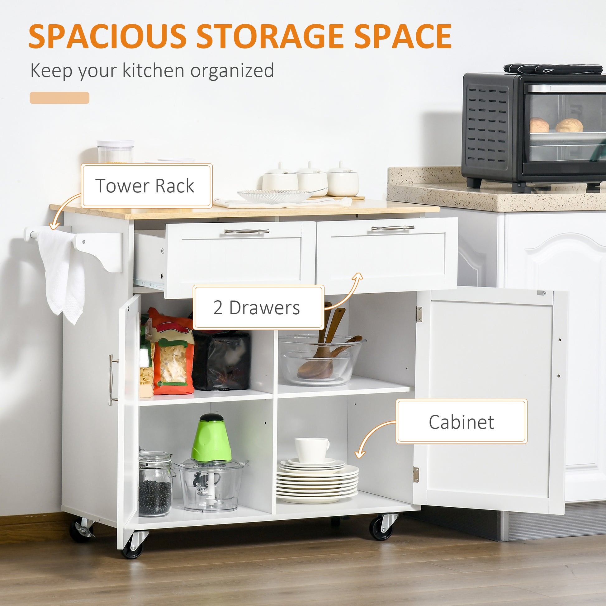 White kitchen cart with tower rack two drawers and open shelving for storage organization