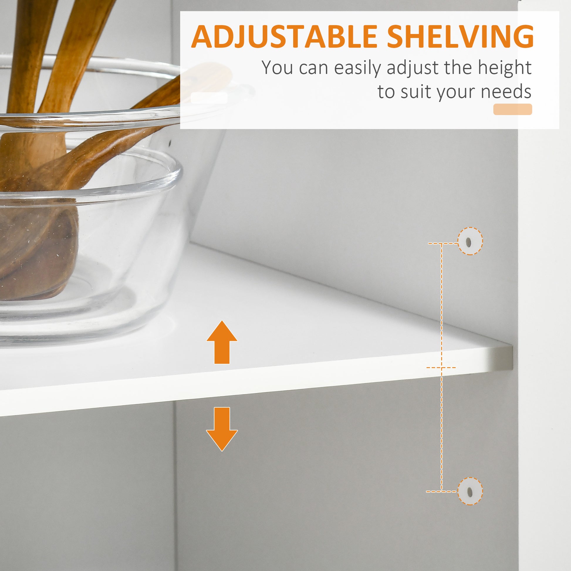 White shelving unit with adjustable shelf height indicators