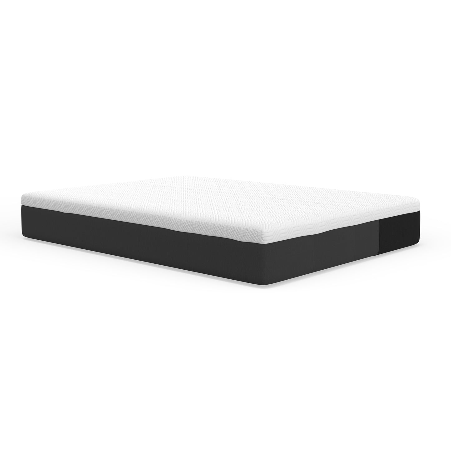 Queen size memory foam mattress with white quilted top and charcoal grey base