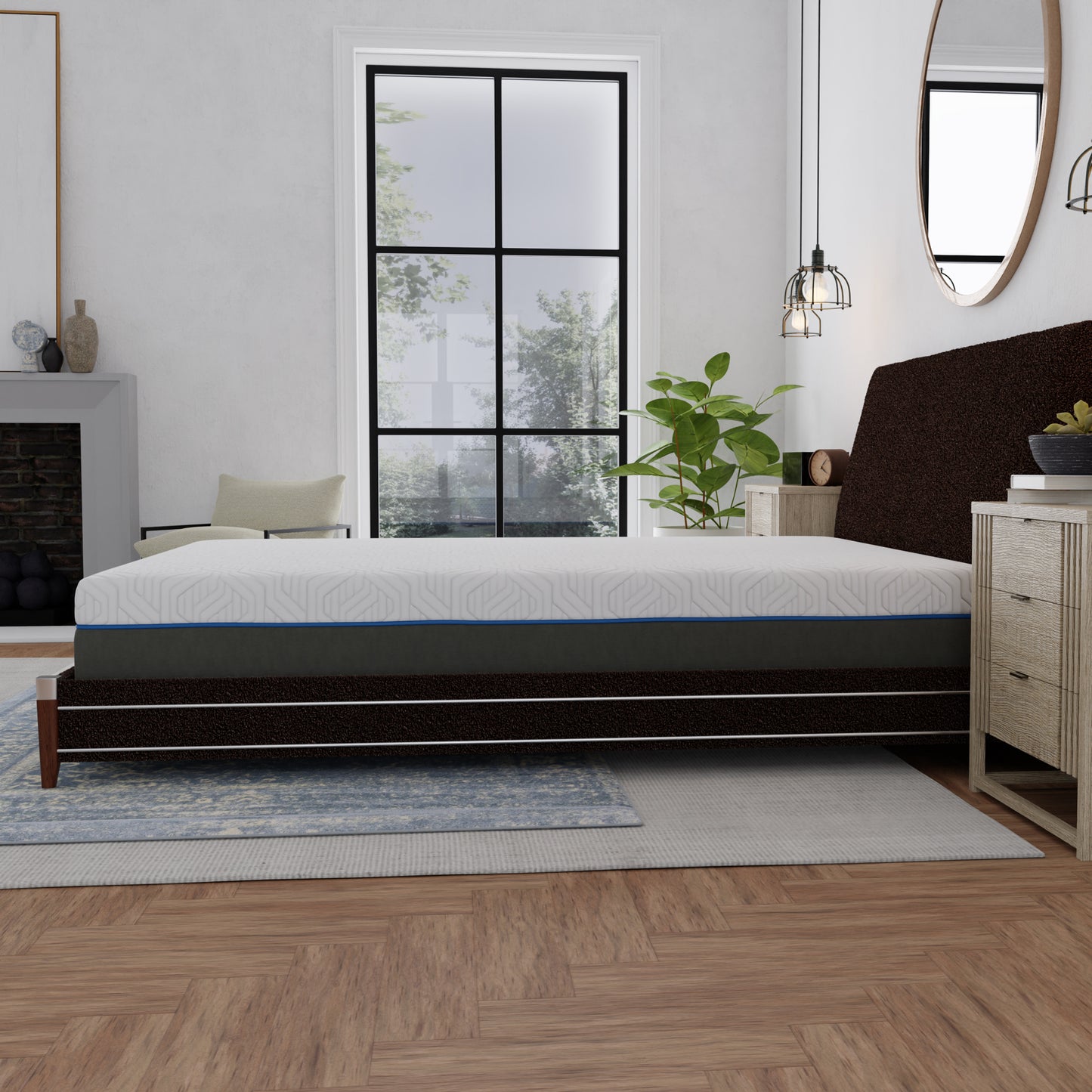 White gel memory foam mattress with blue stripe on dark brown bed frame