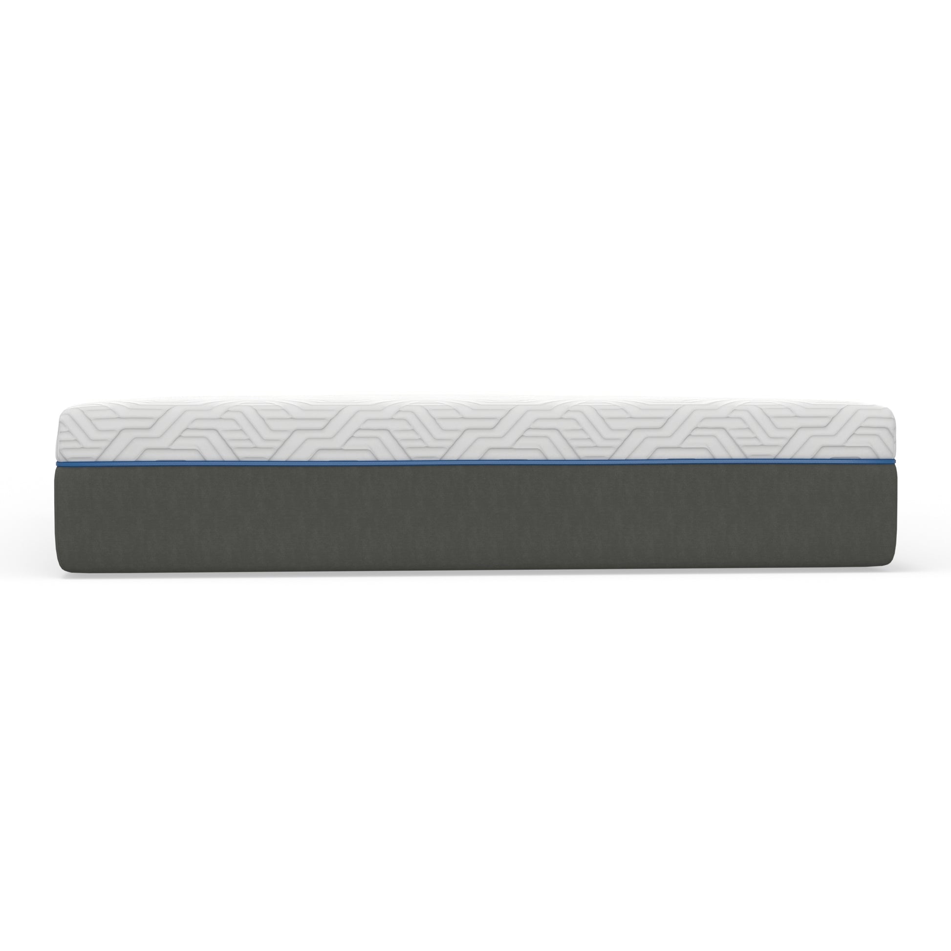 Charcoal grey hybrid mattress with a white geometric patterned top and blue trim