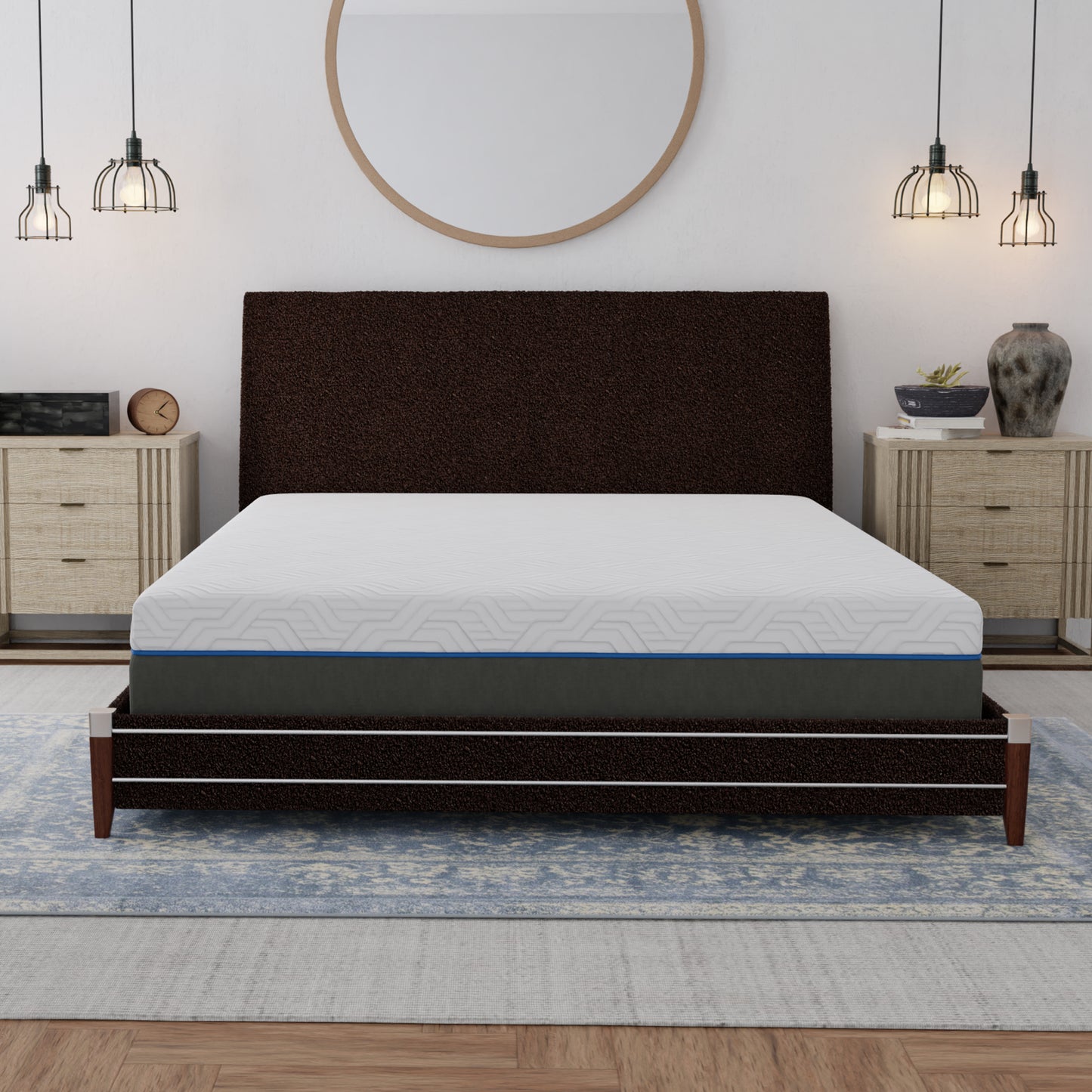 White and blue gel memory foam mattress with geometric pattern on bed
