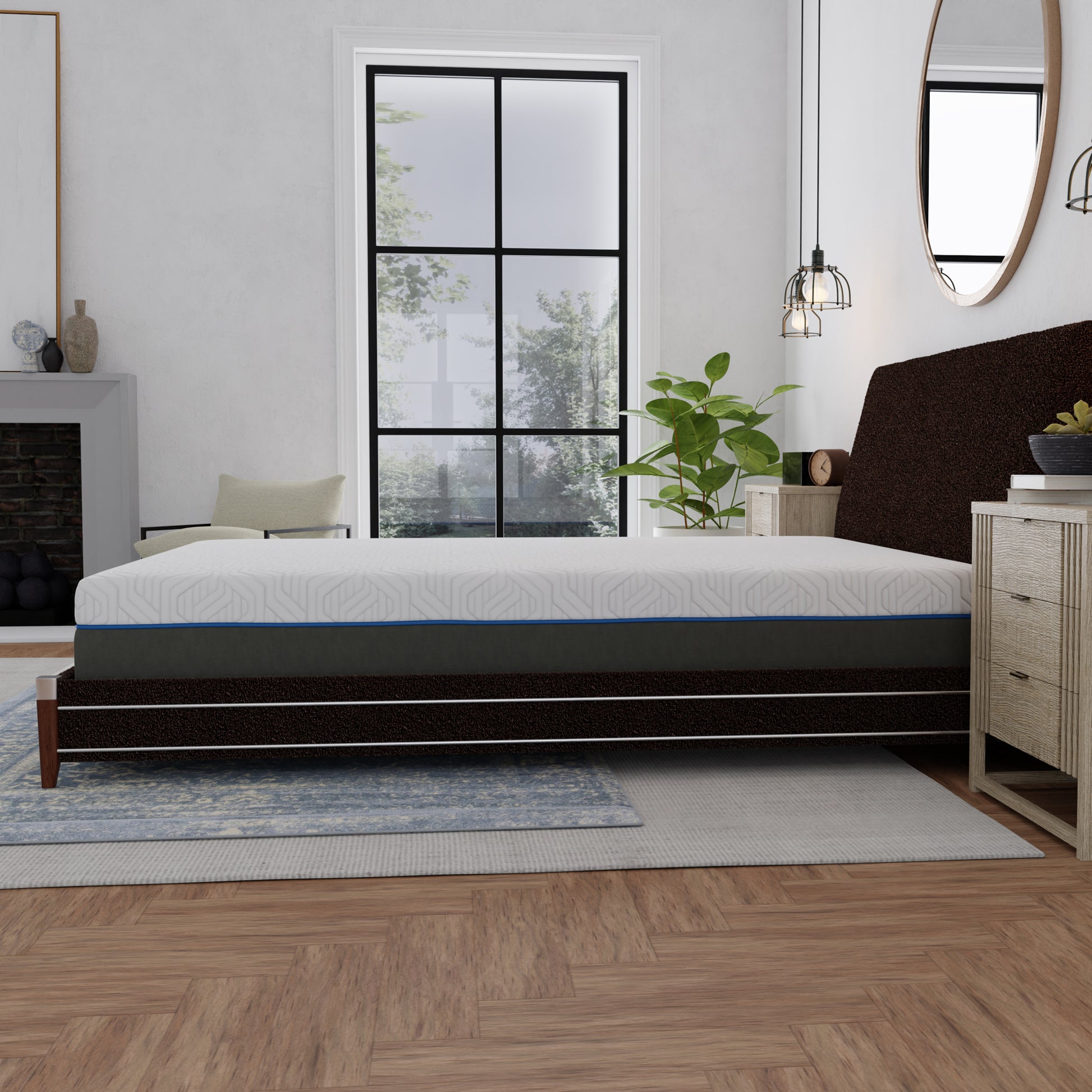 Modern white mattress with geometric pattern and blue trim on a dark brown bed frame