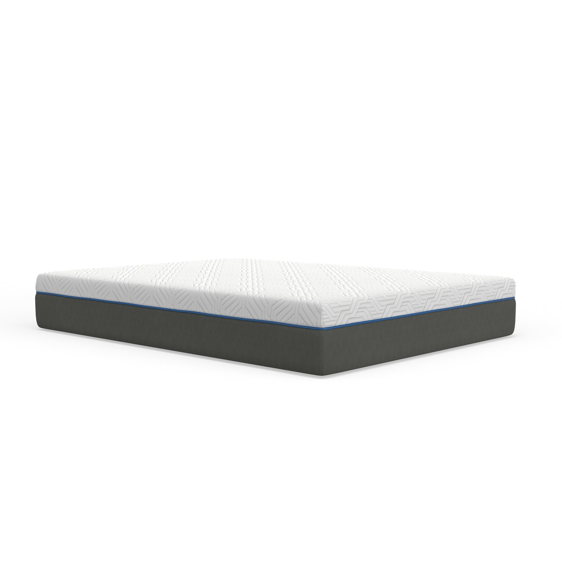 Modern queen size mattress with white quilted top and gray sides featuring a blue stripe accent for comfortable sleep