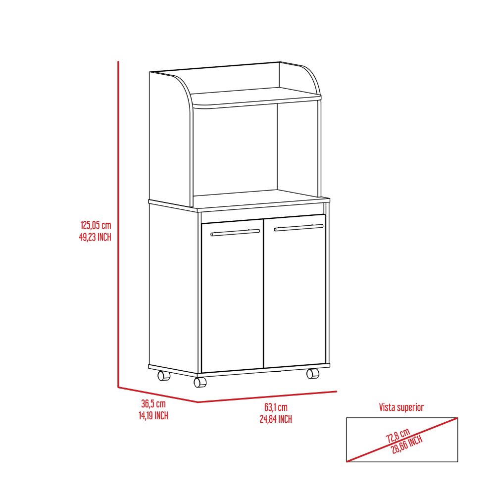 Line drawing of a white kitchen cart with two doors and a curved shelf