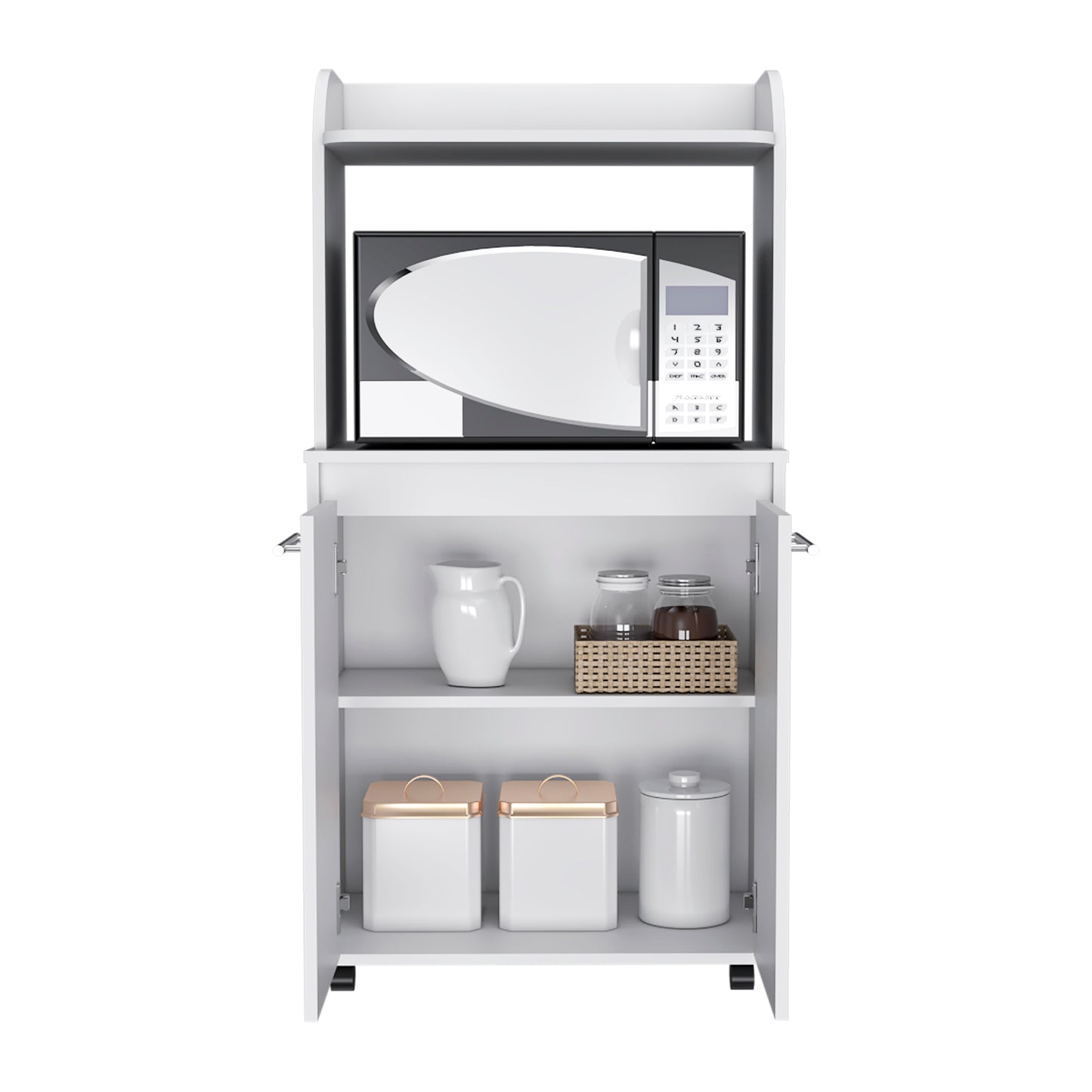 White microwave cart with open cabinet doors showcasing kitchenware