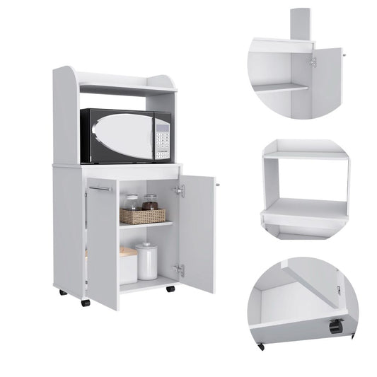 White kitchen microwave cart with open doors and storage shelves