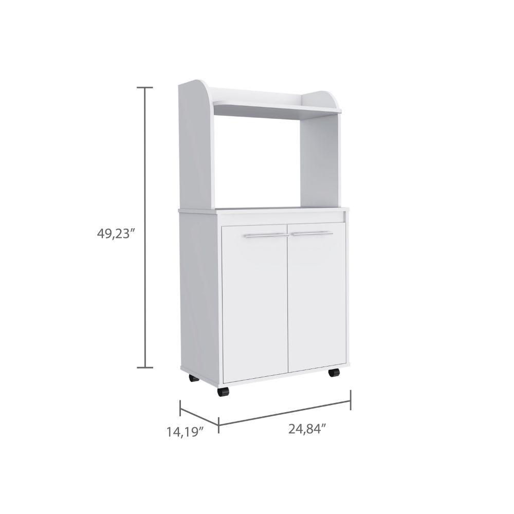 White kitchen cart with double doors and top shelf