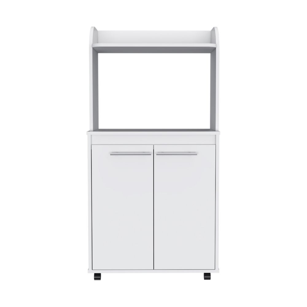 White kitchen cart with double doors and open top shelf