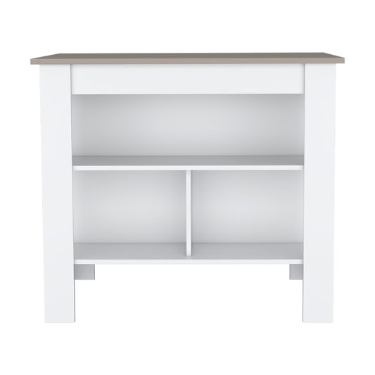 Modern white entryway storage bench with grey top
