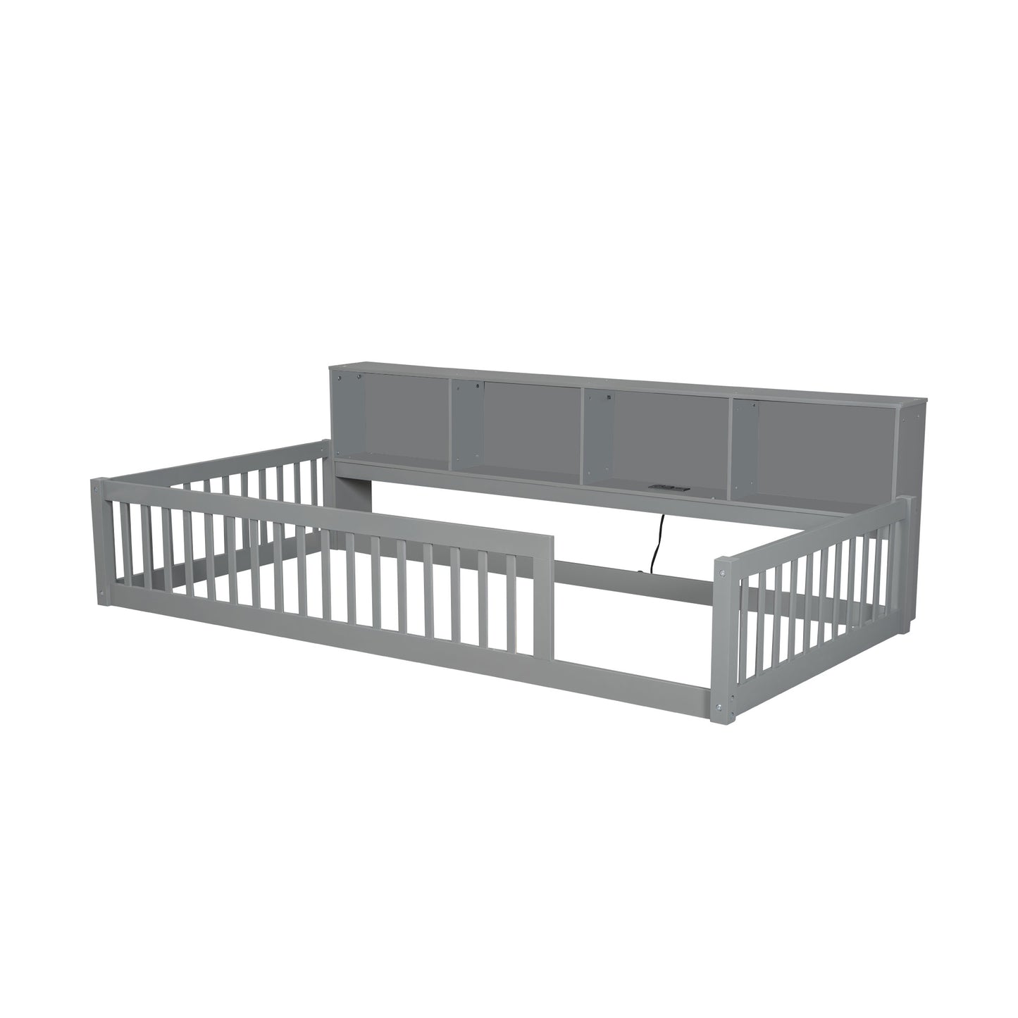Gray toddler bed with safety rails and builtin headboard bookcase